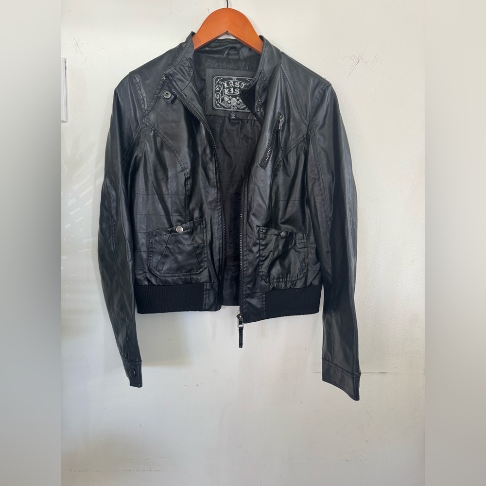 Vintage Y2K,last kiss Black Faux Leather Bomber Jacket